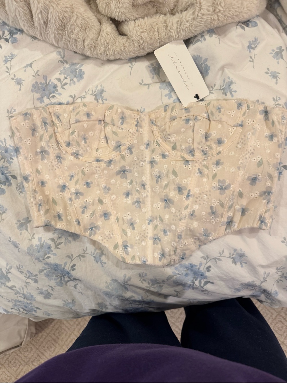 American Threads Cream Bustier Top with Blue Floral Print